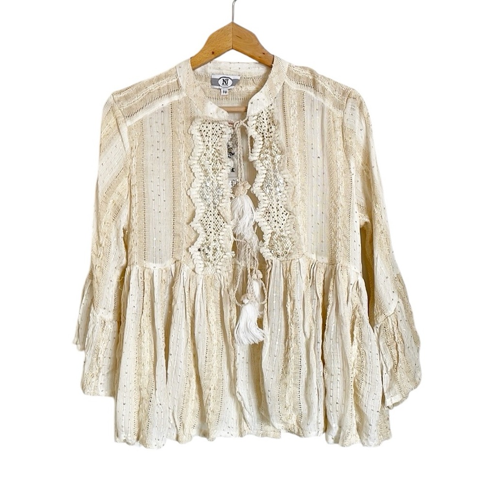 NJ Couture Barok Paris Ecru Embroidered Fringe Tie Tassel Front Boho Blouse OS